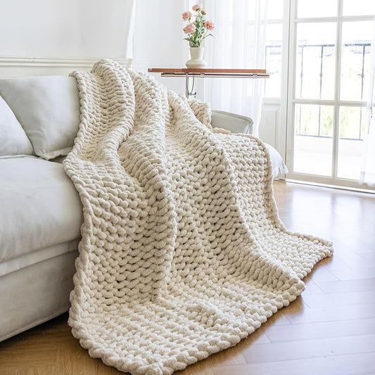 Chunky Knit Blanket - Luxury Soft Cozy 40 * 50 Throw Blanket,100% Woven Blanket Rope Knot Throw Blanket for Couch, Sofa, Home Decor, Gift - Machine Washable (Cream, 40 * 50)