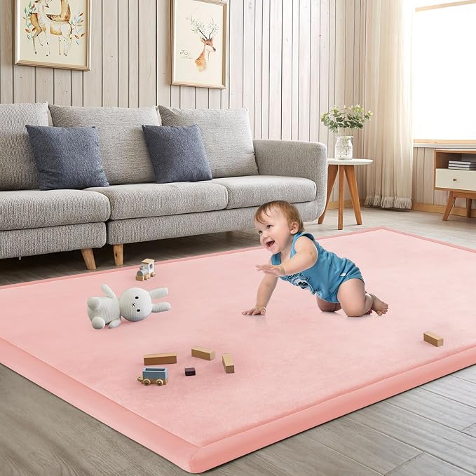 Baby Play Mat for Floor Nursery Rug Muscle Mat Area Rug Playroom Rug 59"x59" Playpen Mat Elastic Foam 1.3" Thick Crawling Mat for Babies,Toddlers, Infants, Kids,Light Pink