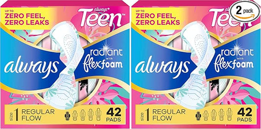 Always Radiant Teen Pads, Size 1, Regular, with Wings, Unscented, 42 Count (Pack of 2)