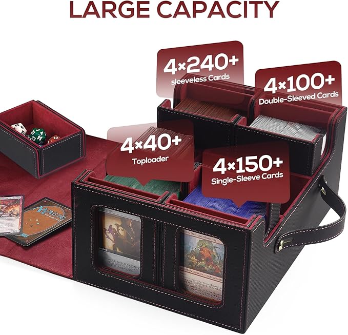 Trading Card Storage Box for MTG, MTG commander deck box，Multi-purpose Deck Case for MTG TCG Sports Card, 4 Toploaders, 4 Stoppers, 4 Colorful Dividers (Black & Red)