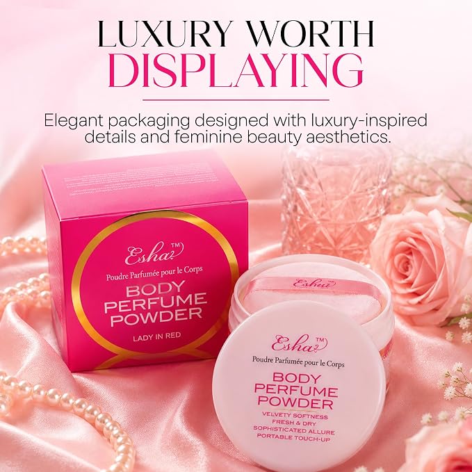 Esha Body Perfume Powder - Fragrance Body Dusting Powder for Women - Long Lasting Silky Lightweight Formula - Helps Absorb Moisture & Oil (Lady In Red)