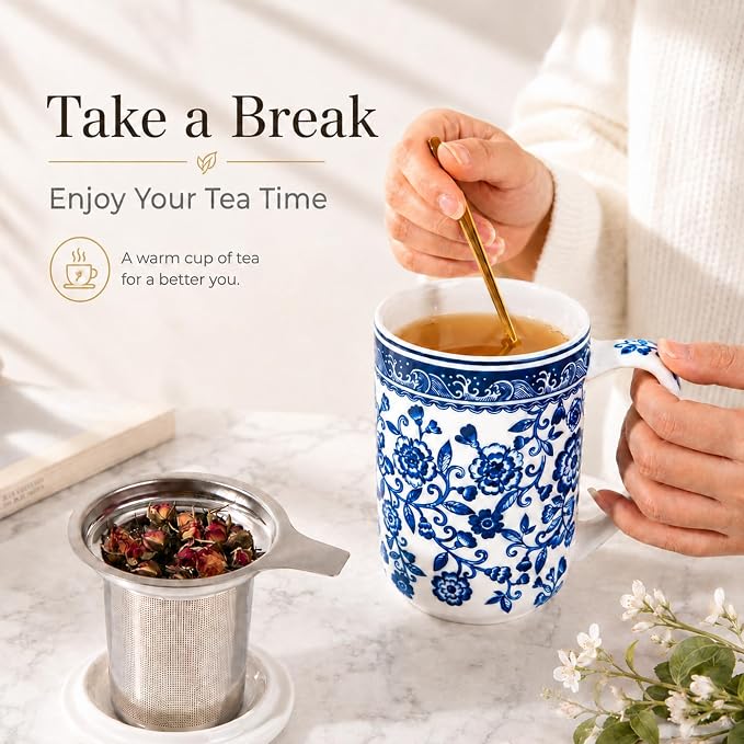 AmorArc Porcelain Tea Mug with Infuser and Lids, 18 Oz Coffee Cup Strainer with Bag Holder for Loose Leaf Tea, Steeping Coffee Mug for House-warming Wedding Birthday Gift