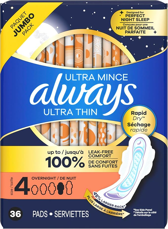 Always Ultra Thin Feminine Pads with Wings for Women, Size 4, Overnight Absorbency, Unscented, Up to 100% Leak-Free Comfort, 36 Count