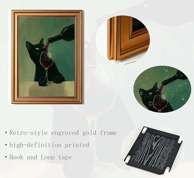 Framed Black Cat Canvas Wall Art,Funny Animal Picture Wall Decor 16x12in | Whimsical Cat Canvas Print,Vintage Cottagecore for Kitchen, Dining Room, Home Bar, Study or Cat Lover