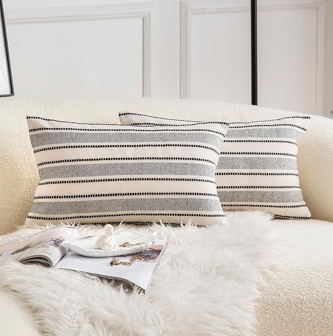 Cethom Decorative Boho Lumbar Throw Pillow Covers, Farmhouse Textured Pillow Case, 12 x 20 Inch Set of 2, Chair Sofa Bedroom Living Room Home Decor Couch Cushion Case, Black and Beige