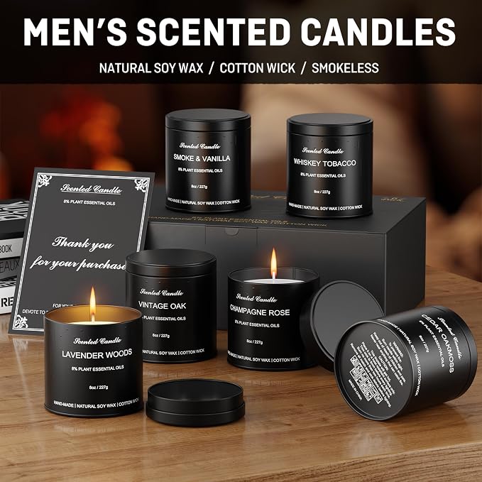 Luxury Scented Candles for Men Gift Set - 6 Pack x 8oz Natural Soy Wax Candles, Masculine Aromatherapy Candles with Essential Oils, Long Lasting Strong Scented Candles for Home, Father's Gifts
