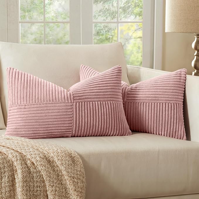 MIULEE Pink Decorative Lumbar Throw Pillow Covers 12x20 Inch 2 Pack | Boho Farmhouse Pillow Covers, Soft Cross Corduroy Patchwork Textured Cushion Cases For Bed Sofa