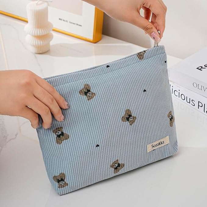 uekeboag Cute Small Soft Corduroy Zipper Makeup Bag for Purse, Coquette Aesthetic Pouch with Bear Pattern for Women Girls, Kawaii Travel Cosmetic Bags（02Blue）