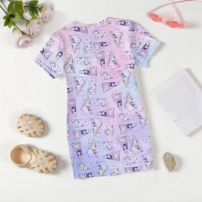 Girl's Anime K-POP Graphic Long Dress T-Shirt - Casual Loose Fit Short Sleeve Top