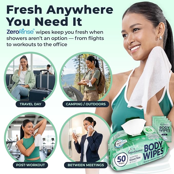 Body Wipes for Women, Extra Moist No Rinse Bathing Wipes - 50 XL Shower Cloths + 4 Travel Bath Sheets -10"x11.5" After Gym & Post Workout Deodorant, Disposable Washcloths, Womens Hygiene Essentials