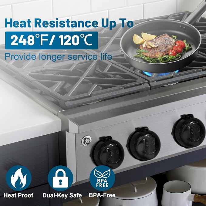 Childproof Stove Knob Safety Covers, Oven Knob Covers for Child Safety 5 Pack, Black Stove Knob Covers & Gas Stove Locks,Heat-Resistant Adhesive,Double-Key Baby Proof Covers for Gas/Electric Burner ﻿
