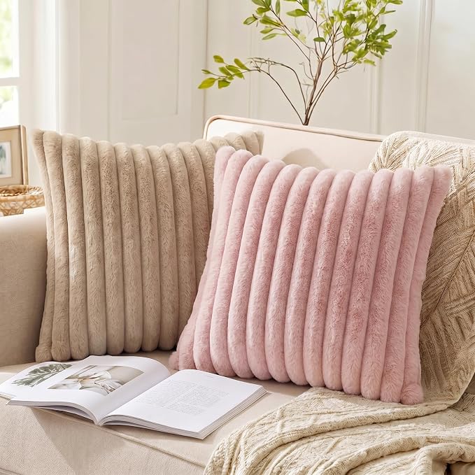 Pack of 2 Throw Pillow Covers 20x12 Decorative Solid Plush Faux Fur with Soft Velvet Back, Square Striped Cushion Cases Modern Farmhouse Home Decor for Living Room Couch Sofa Bed Apricot