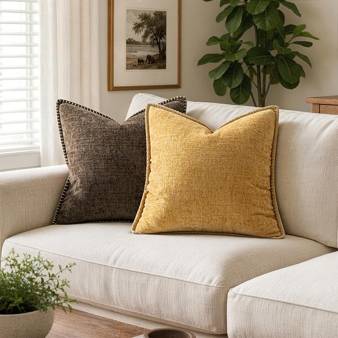MIULEE Decorative Couch Throw Pillow Covers 16x16 Inch Gold 2 Pack | Mustard Yellow, Farmhouse Pillow Covers with Stitched Edge, Soft Chenille Cushion Cases, for Sofa Bed Living Room Home Decor