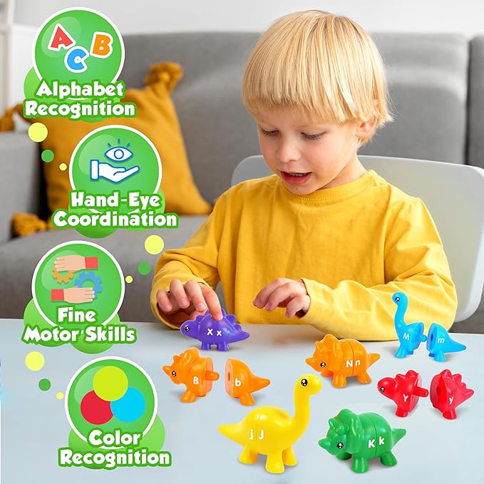 Dinosaur Alphabet Learning Toys - 52pc in Storage Box | 26 Double Sided Dino Matching Toys | Preschool Dinosaur Letter Matching Toy for Toddlers 3-5