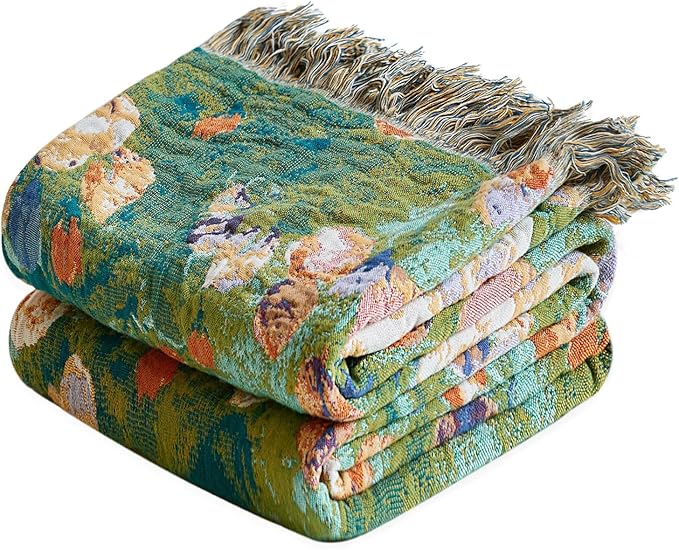 LUTBM Boho Throw Blanket for Bed 60"x80", All Season Cotton Couch Blankets | Reversible Green Garden Embroidery, Soft Twin Quilt, For Chair Sofa Living Room Bedroom, Lightweight Gauze, Home Decor Gift