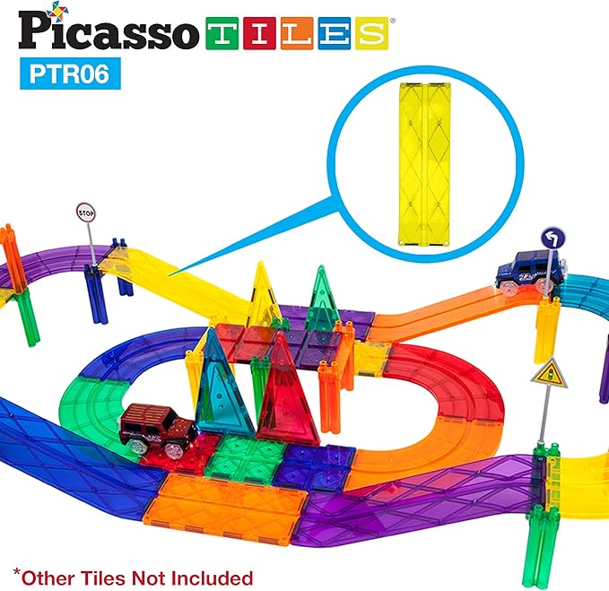 PicassoTiles 6 Piece Magnetic Tiles Race Track Ramp Accessories STEM Building Blocks Toys Magnet Tile Educational Construction Playset Boys Girls Brain Development and Creative Pretend Play Toy PTR06