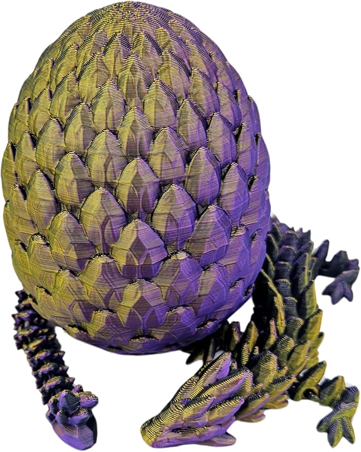 Surprise Dragon Egg Articulating Gemstone Dragon Fidget Figurine - 3D Printed Dragons Flexible ADHD, Autism, Relief Anxiety - Articulated Joints (Gold Purple Black)
