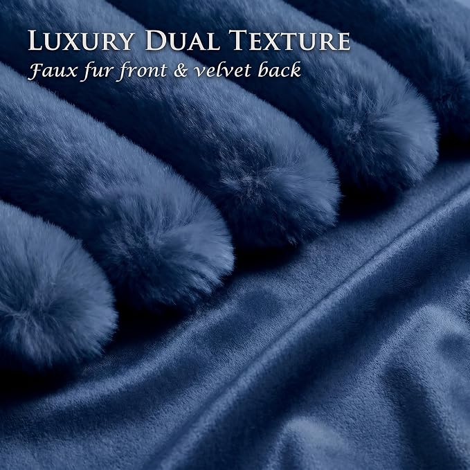 Pack of 2 Throw Pillow Covers 18x18 Decorative Solid Plush Faux Fur with Soft Velvet Back, Square Striped Cushion Cases Modern Farmhouse Home Decor for Living Room Couch Sofa Bed Navy Blue