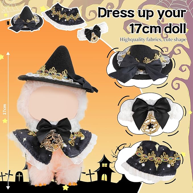 Clothes for Labubu Doll,6.7 Inch Doll Clothing Set - 2 Pieces of Handmade Clothes and Accessories for 17cm Plush Toys - Black hat Halloween Skirt
