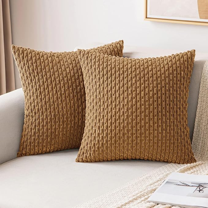 MIULEE Decorative Throw Pillow Covers 18x18 Light Coffee Textured Corduroy | Pack of 2 Striped Pillow Covers Modern Farmhouse Fall Home Decor for Couch Bed Sofa Living Room
