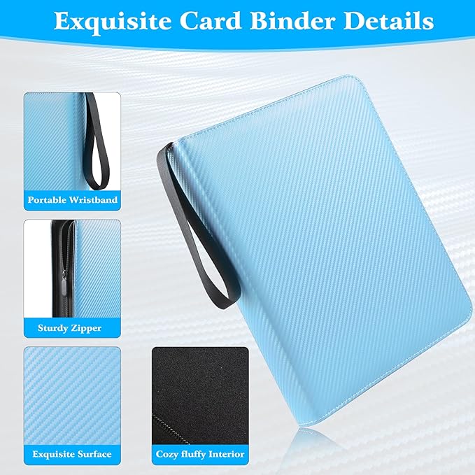 WOT I Trading Card Binder, 900 Pockets Baseball Card Binder Sleeves with Zipper, Double Sided Pockets Card Holder Carry Card Case for Baseball Card, Football Card(Light Blue), WO-CB-9-8