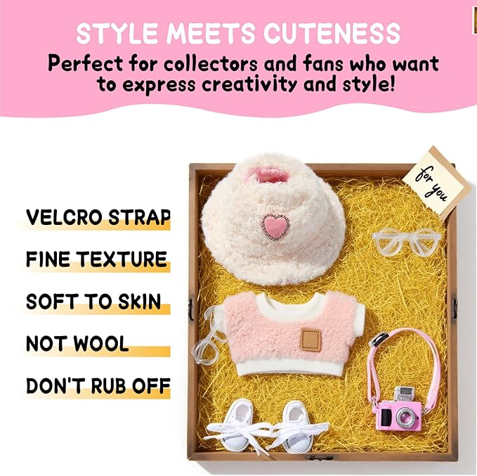 5 Set 17cm Doll Clothes -Clothes for Dolls Outfit - Accessories for 17cm Dolls Clothes +Light Pink Heart-Shaped Velvet hat + Small Camera + Glasses + Canvas Shoes, No Doll Included (Style B)