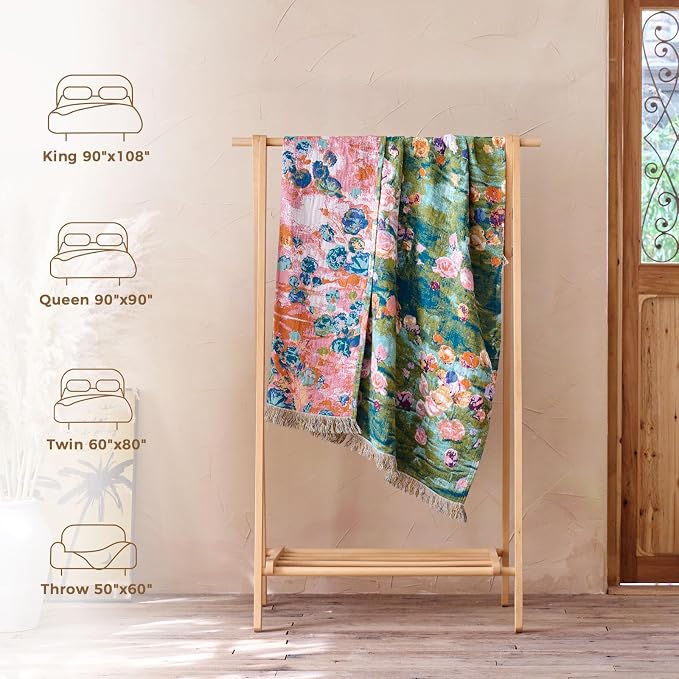 LUTBM Boho Throw Blanket for Bed 60"x80", All Season Cotton Couch Blankets | Reversible Green Garden Embroidery, Soft Twin Quilt, For Chair Sofa Living Room Bedroom, Lightweight Gauze, Home Decor Gift