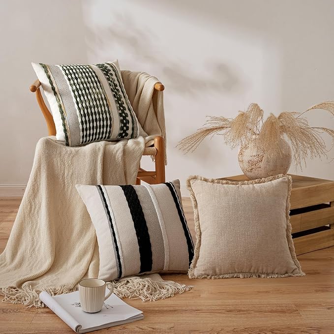 ANRODUO Boho Decorative Pillow Covers Olive Green Stripe 18x18 Pack of 2 | Throw Pillow Covers, Farmhouse Cushion Case, Chenille Pillow Cases, Pillow Covers, Accent Neutral Pillowcase for Couch Bed