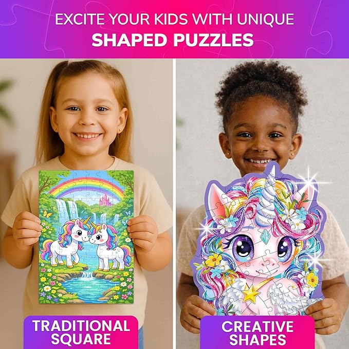 QUOKKA Shimmery Puzzles for Kids Ages 4-6 – 48 Piece Shaped Jigsaw Puzzles for Toddlers 3-5 – 4-Pack Princess, Mermaid, Butterfly & Unicorn Children's Game Ages 4-8 – Unique Gift Toy for Preschoolers