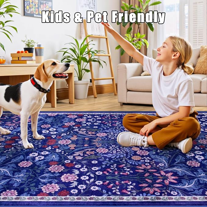 Runner Rug for Entryway: 3x10 Kitchen Rugs Non Slip Washable Ultra-Thin Soft Floral Carpet Indoor Floor Stain Resistant Carpets for Hallway Bedroom Kitchen Laundry Bathroom Dorm Blue