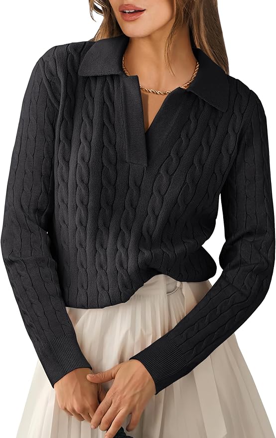 ANRABESS Womens Cable Knit Sweaters Long Sleeve V Neck | Pullover Collared Sweater Tops, Polo Knit Shirts, Business Casual Work, Tennis Golf, Fall Winter Fashion Outfits