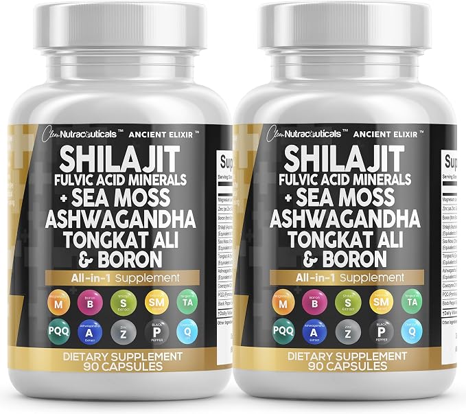 Clean Nutraceuticals Shilajit Supplement with Sea Moss, Ashwagandha, Tongkat Ali, Boron, Magnesium - Fulvic Acid Capsules for Men - 2Pack