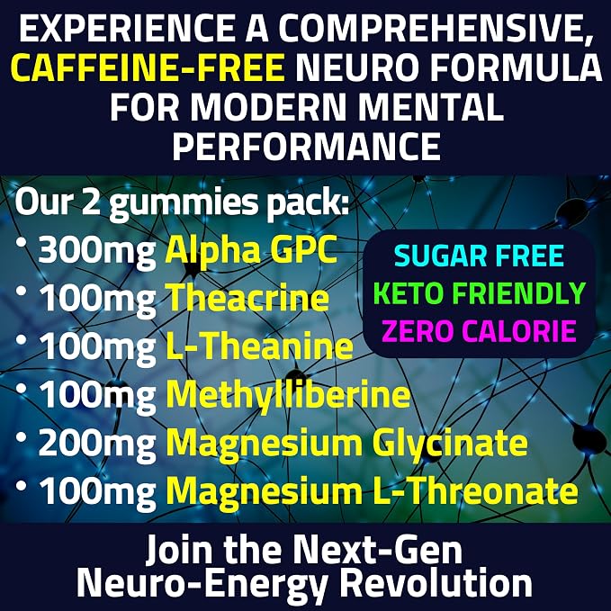 Alpha GPC Teacrine Magnesium L-Threonate & Glycinate Complex L-Theanine Methylliberine Gummies, Caffeine Gum Capsules Pills Supplement Pill Capsule Powder Supplements Alternative, 100mg 200mg 300mg