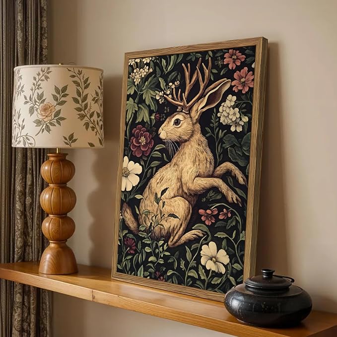 Vintage Rabbit Wall Art Whimsical Dark Cottagecore Jackalope Wall Decor Painting Moody Animal and Botanical Poster Canvas Print for Living Room Bedroom 12x16 inch Wood Framed