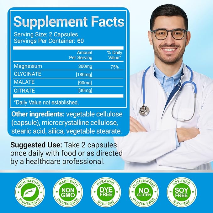 ASSR Triple Magnesium Complex - 300mg Pure Ocean Magnesium Glycinate & Magnesium Malate & Magnesium Citrate for Sleep, Energy, and Relaxation Support, High Absorption, Vegan, Non-GMO, 120 Capsules
