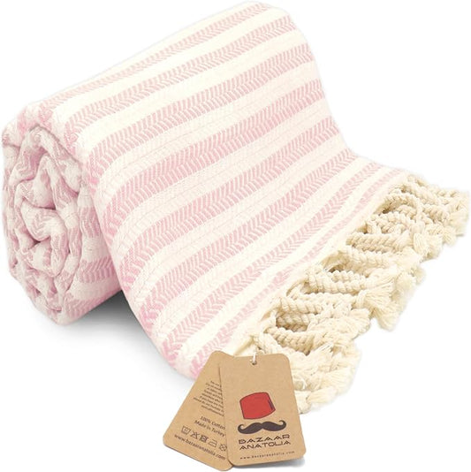 Bazaar Anatolia Turkish Beach Towel – 100% Cotton, Quick Dry, Sand Free Pink Picnic Blanket for Bathroom and Travel – Oversized 71x39 Inches – Arpa Pink