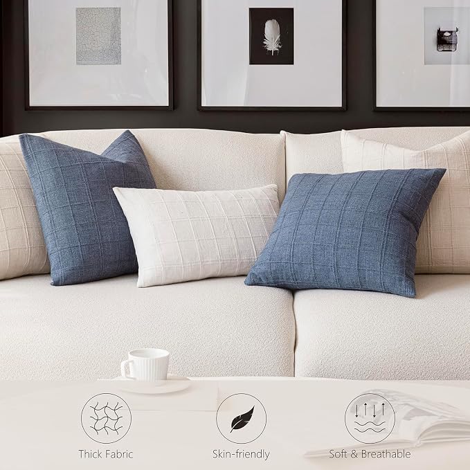 Foindtower Set of 2 Decorative Linen Check Throw Pillow Covers Neutral Farmhouse Vintage Cushion Covers Modern Boho Home Decor for Sofa Chair Couch Bedroom Living Room,26×26 Inch,Natural Beige