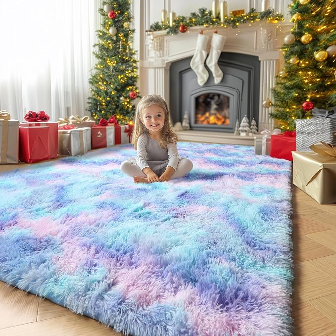 Amdrebio Blue Purple Rainbow Mermaid Rugs 6x9 for Girls Bedroom Decor Aesthetic, Soft Plush Fluffy Kawaii Area Rugs for Kids Room Nursery Playroom, Cute Colorful Shag Fuzzy Furry Baby Toddler Carpet