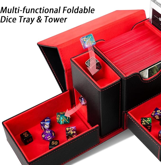 MTG Deck Box for Commander Display with Dice Tower, Fits 100 Double Sleeved Cards for TCG/PTCG, Cards Storage Case with Dice Tray and 35PT Magnetic Card Holder (Black/Red)