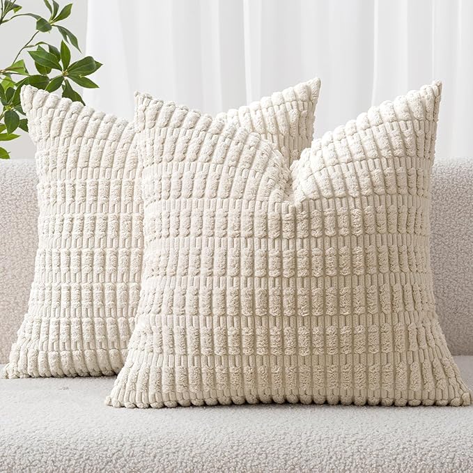 MIULEE Euro Sham Corduroy Decorative Throw Pillow Covers 22x22 Cream White | Pack of 2 Soft Boho Striped Pillow Covers Modern Farmhouse Home Decor For Sofa Living Room Couch Bed