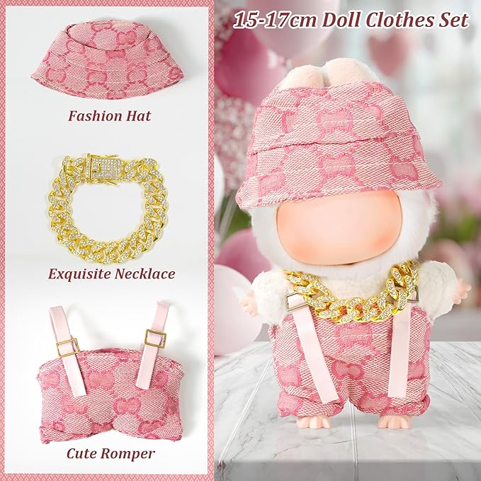 3 Piece 17cm Doll Clothes and Accessories Outfit - Elegant Hat, Necklace & Overalls, Fashionable Doll Dress Up Set