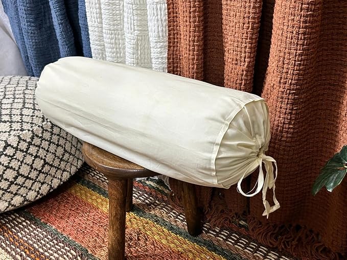 Cervical Neck Roll Pillow Cover with Cotton Bolster Pillowcases for Cylindrical Cushion and Drawstring Closure Round Neck Pillowcase 6" x 18" (15 x 45 cm) Ivory