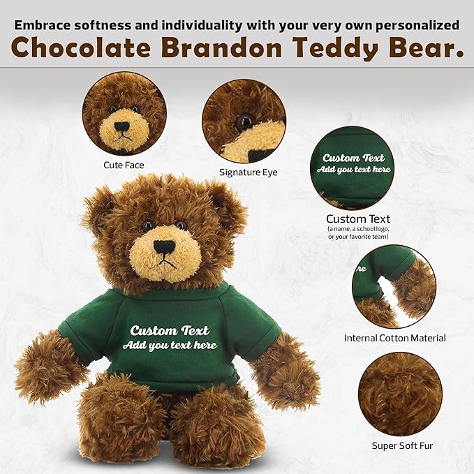 Customized Chocolate Brandon Bear - 12 inch Personalized Stuffed Bear Plush Toy - Perfect Custom Shirt Bear Gift for Graduation Valentines Graduation Easter Holidays (Green Shirt)