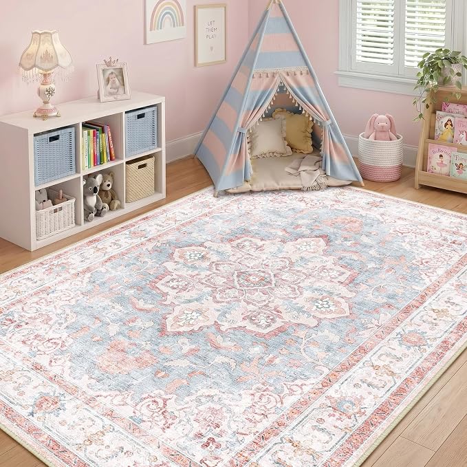 CAPALOCA 6x9 Washable Nursery Girls Low Pile Area Rug Pink Blue | Non-Slip Soft Rugs for Bedroom Kids Playroom Living Room, Print Pattern Water Repellent Carpet Indoor Decor