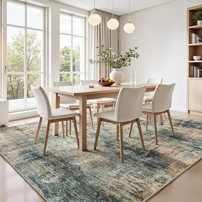 9x12 Area Rug for Living Room, Abstract Washable Large Rugs, Coffee/Green | Neutral Carpet for Bedroom, Dining Room, Home Office Nursery Indoor, Stain Resistant, Non-Slip, Low Pile, Modern Rug