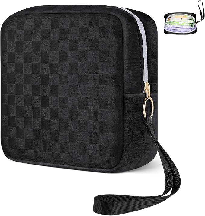 Likesing Tampon Holder for Purse, Upgraded 5.3" Checkered Period Bag, Sanitary Napkin Storage Bag with Wrist Strap for Girls Women, Thickened Portable Period Pad Pouch(Black)