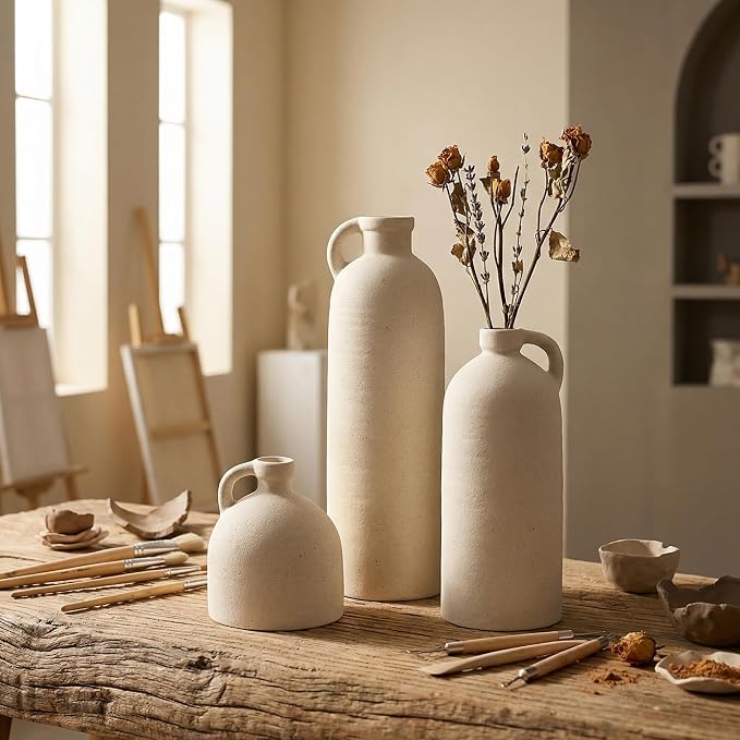 Flower Vase Set of 3, Ceramic Home Decor for Living Room - Modern Rustic Farmhouse Centerpiece for Table, Shelf & Bedroom - Decorative Vases for Office, Bathroom, Dining Desk