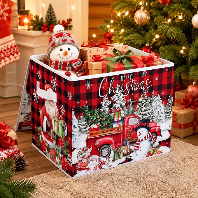 Briwooody Christmas Storage Bin with Lid and Carrying Handle Red Buffalo Plaid Christmas Foldable Storage Box Large Snowman Collapsible Container Basket for Organizing Closet Home Bedroom Xmas Gift