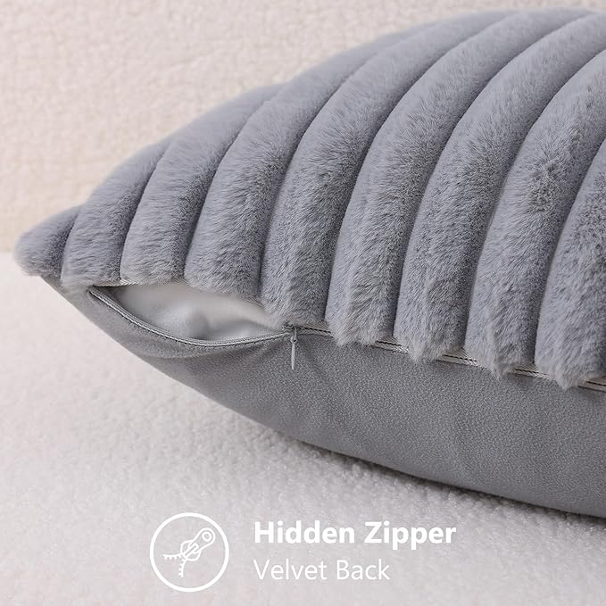 decorUhome Fall Faux Fur Throw Pillow Covers 26x26 Set of 2 Grey | Decorative Soft Cozy Striped Plush Modern Farmhouse Boho Couch Pillow Cases Velvet Back for Sofa Bed Living Room Home Decor