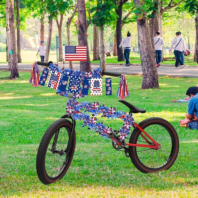 6 Sets Bike Decorations for 4th of July American Flag and Patriotic Bicycle Handle Bar Ribbon Streamer Bike Accessories for Kids July 4 Independence Day Red White and Blue
